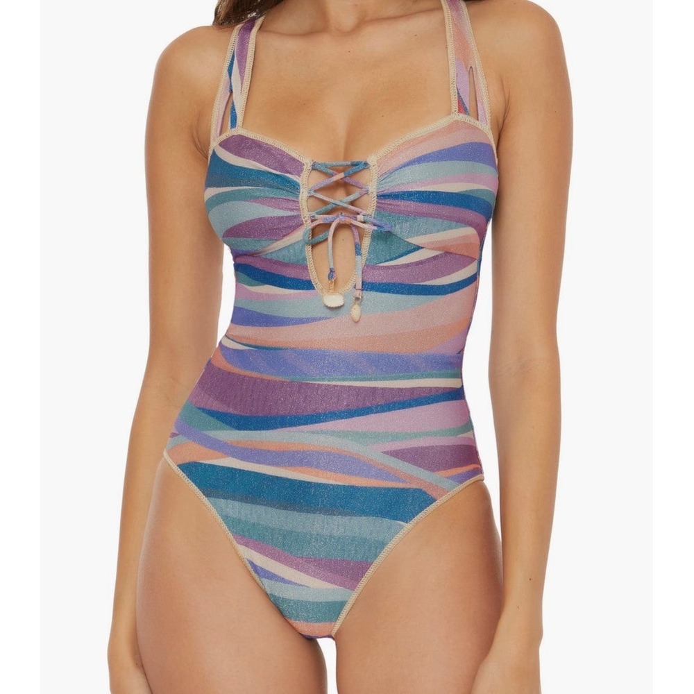 BECCA Sound Waves Metallic One-Piece Swimsuit Multi Color 521047 Small